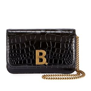 Balenciaga Women’s B Croc-Embossed Leather Wallet on Chain in Black